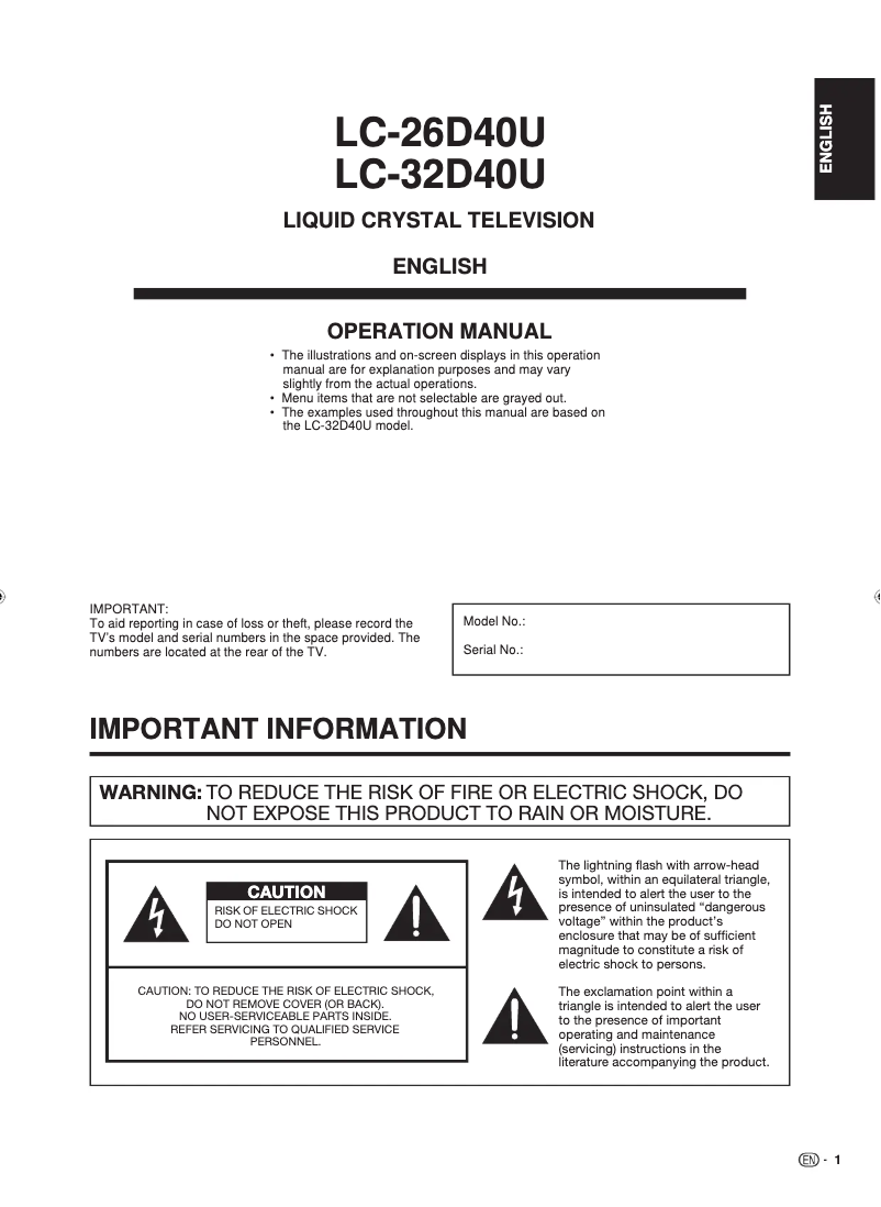 Page n°1 - Manuel utilisateur Sharp Aquos LC-32D40U