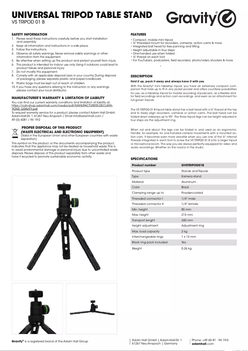 Page 1 de la notice Manuel utilisateur Gravity VS TRIPOD 01 B