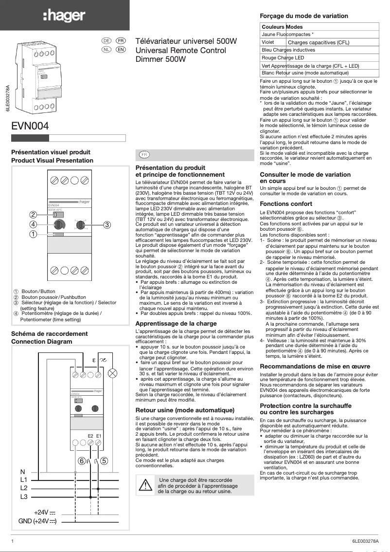 Page n°1 - Manuel utilisateur Hager EVN004