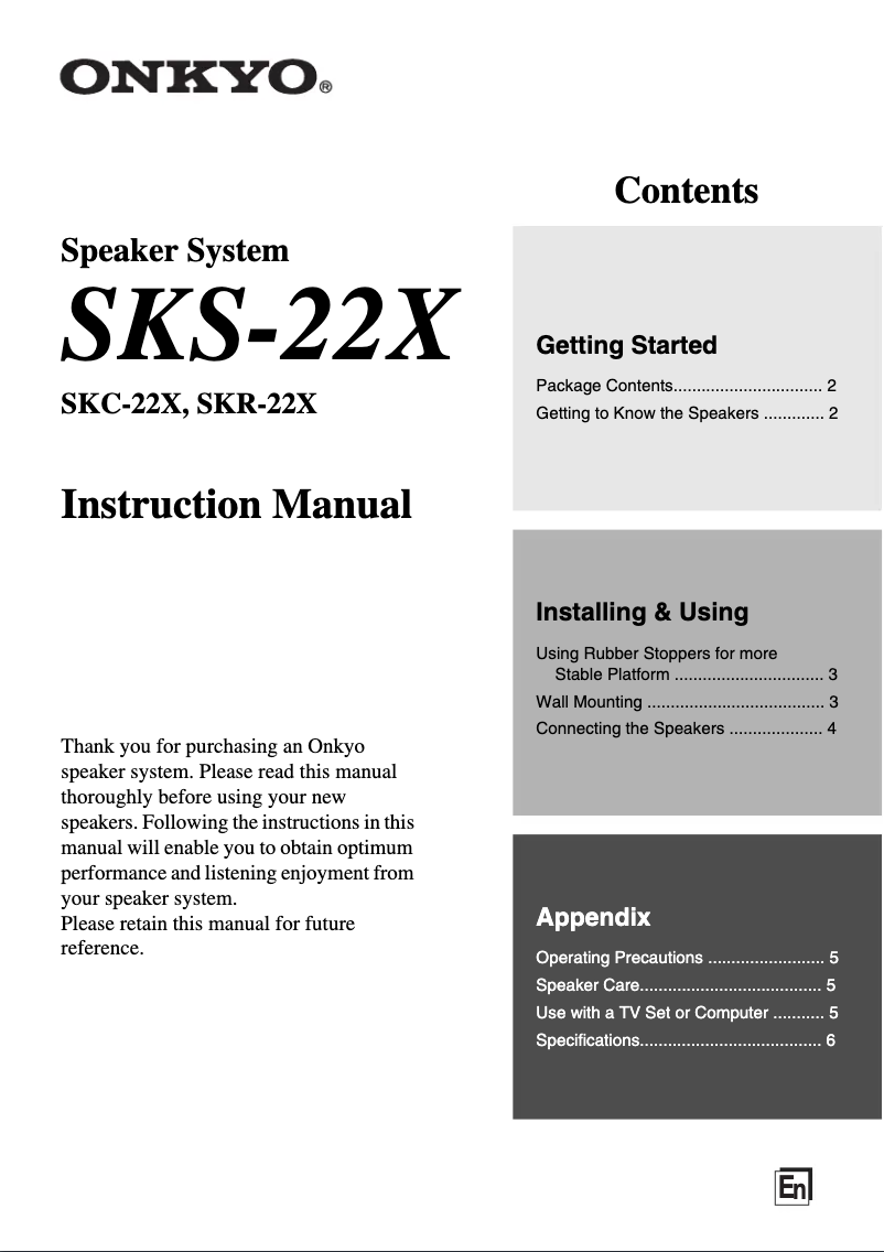 Page 1 de la notice Manuel utilisateur Onkyo SKS-22X