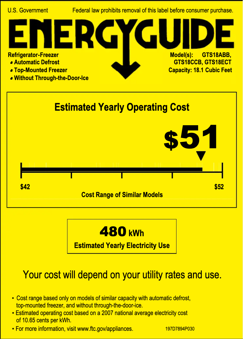 Page 1 de la notice Label énergétique GE GTS18CCBRCC