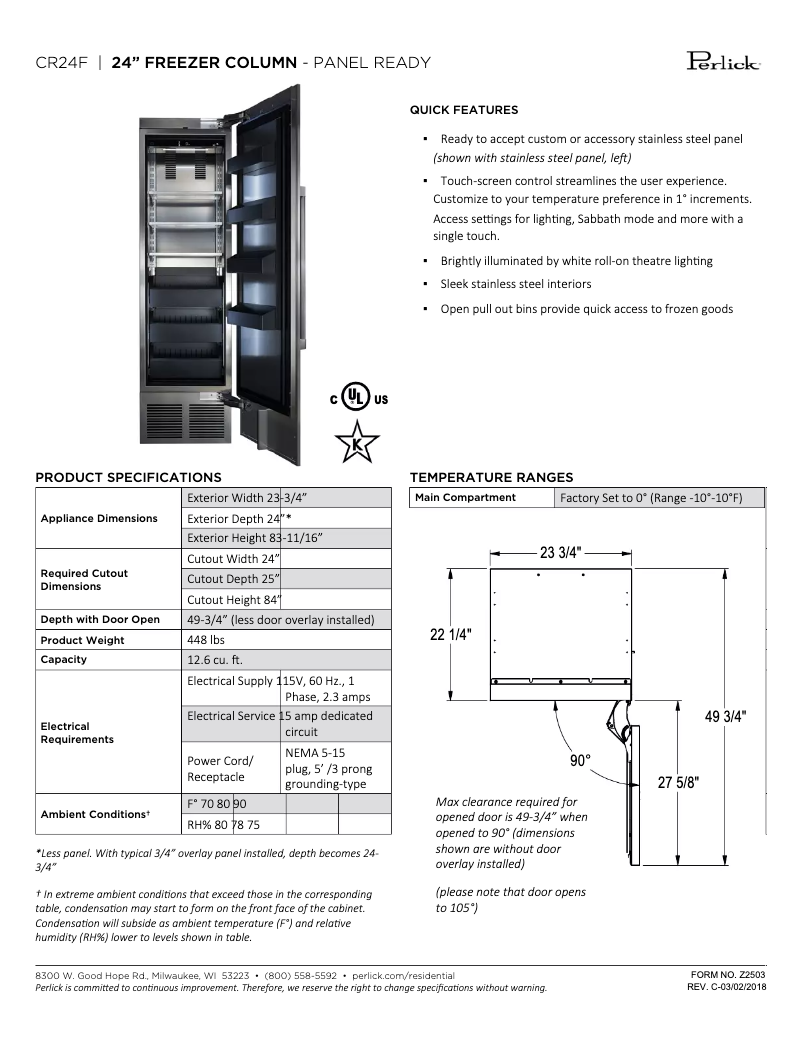 Page n°1 - Fiche technique Perlick CR24F-1-2L
