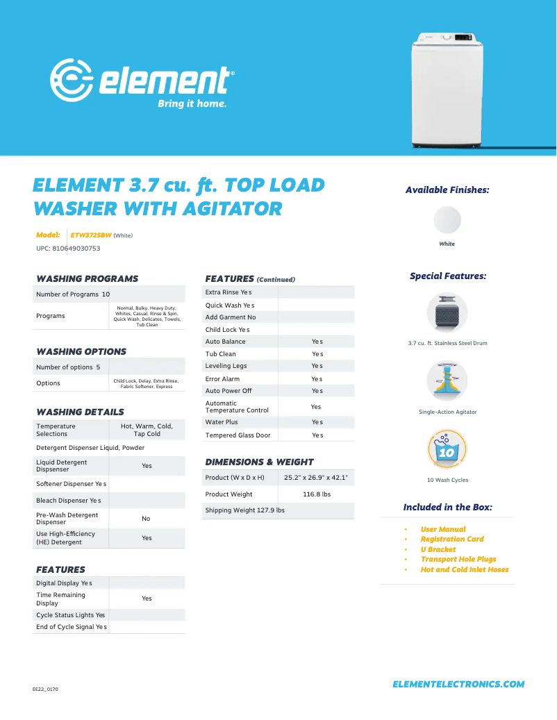 Page n°1 - Fiche technique Element ETW3725BW