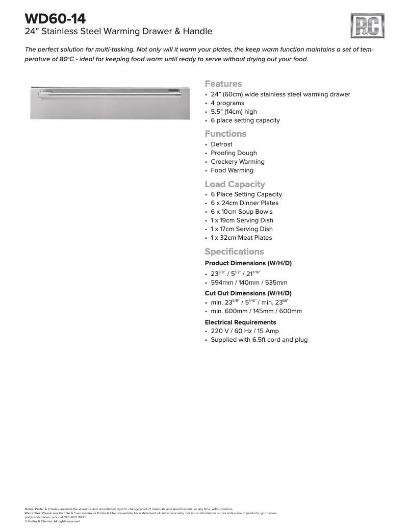 Page 1 de la notice Fiche technique Porter & Charles WD60-14