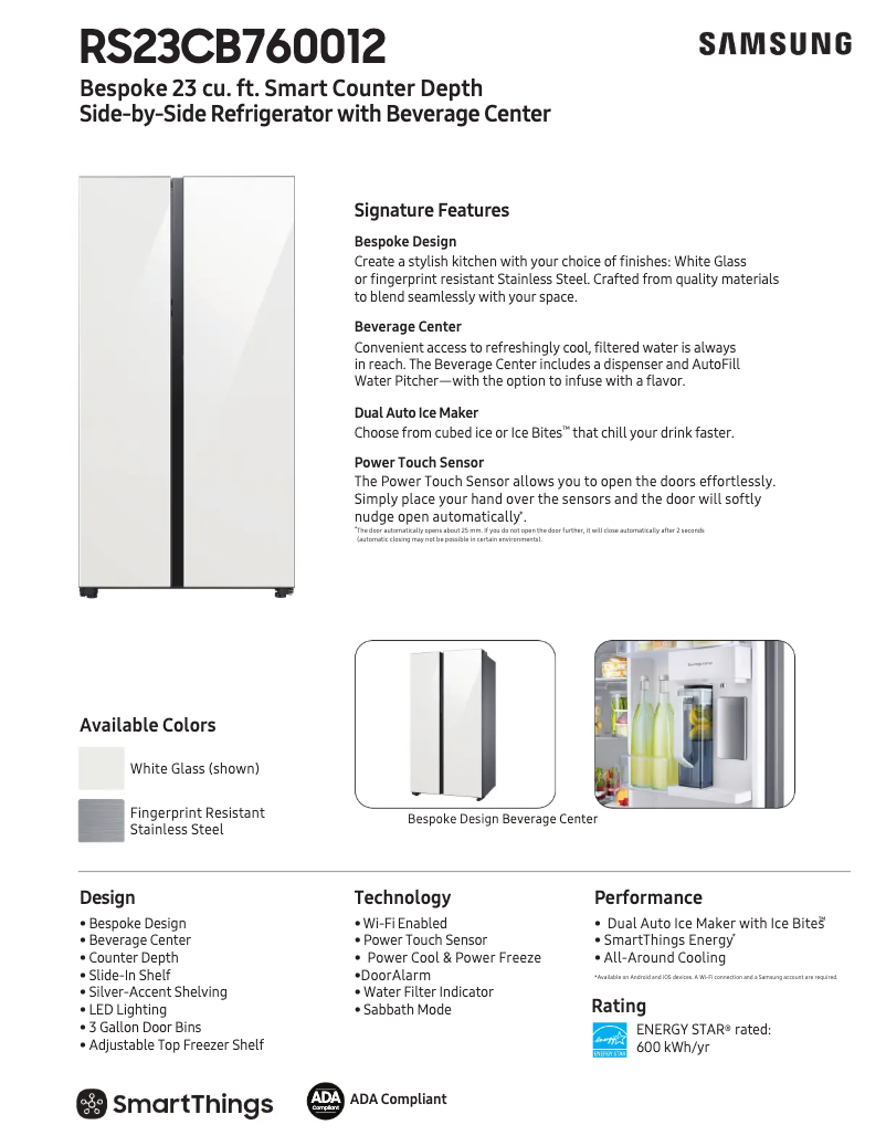Page 1 de la notice Fiche technique Samsung RS23CB760012