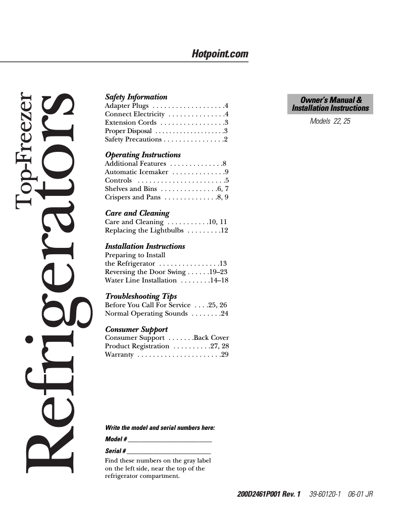 Page 1 de la notice Manuel d'utilisation et d'entretien Hotpoint HTS22GBMWW