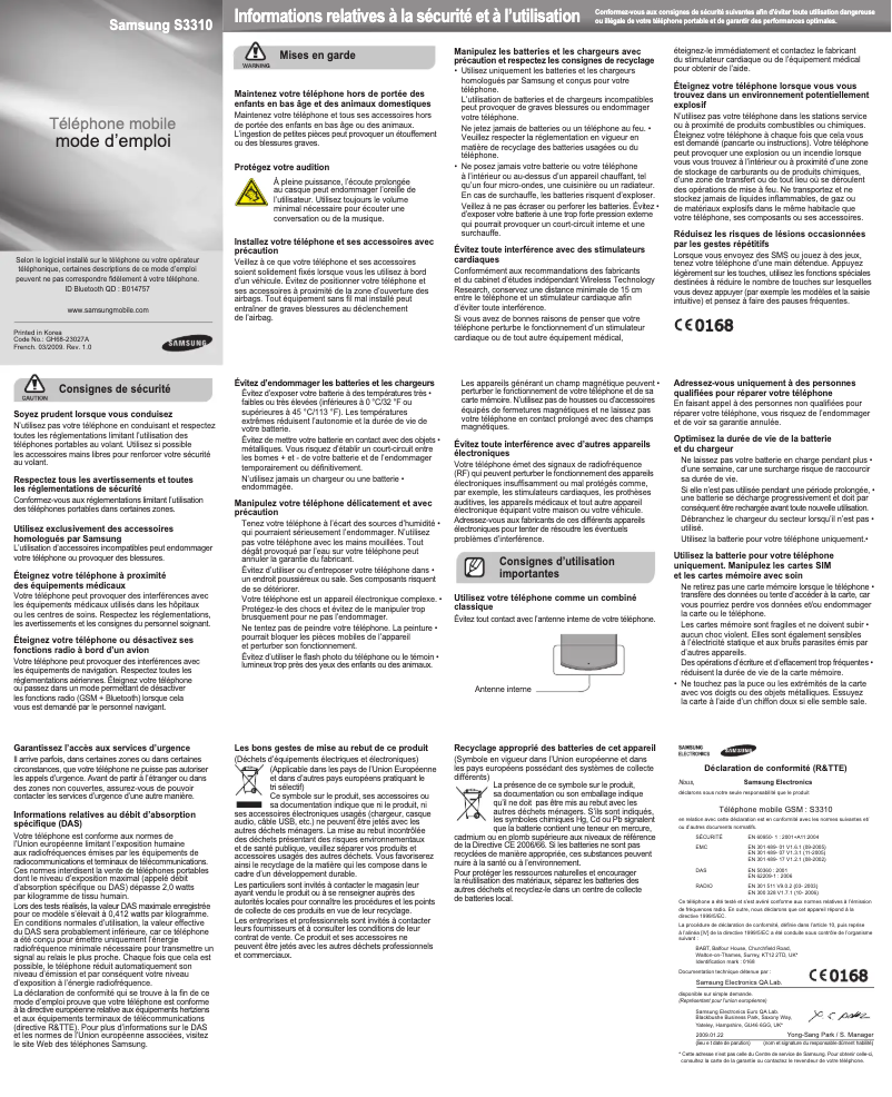 Page 1 de la notice Manuel utilisateur Samsung GT-S3310