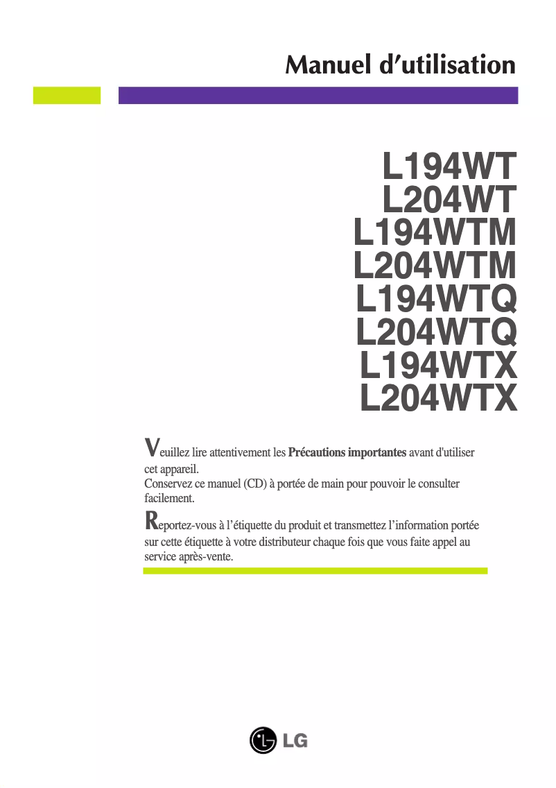 Page 1 de la notice Manuel utilisateur LG L204WTX