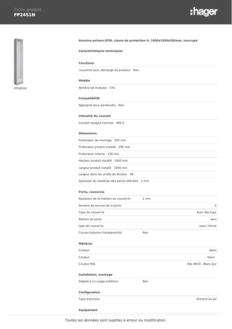 Page n°1 - Fiche technique Hager FP24S1N