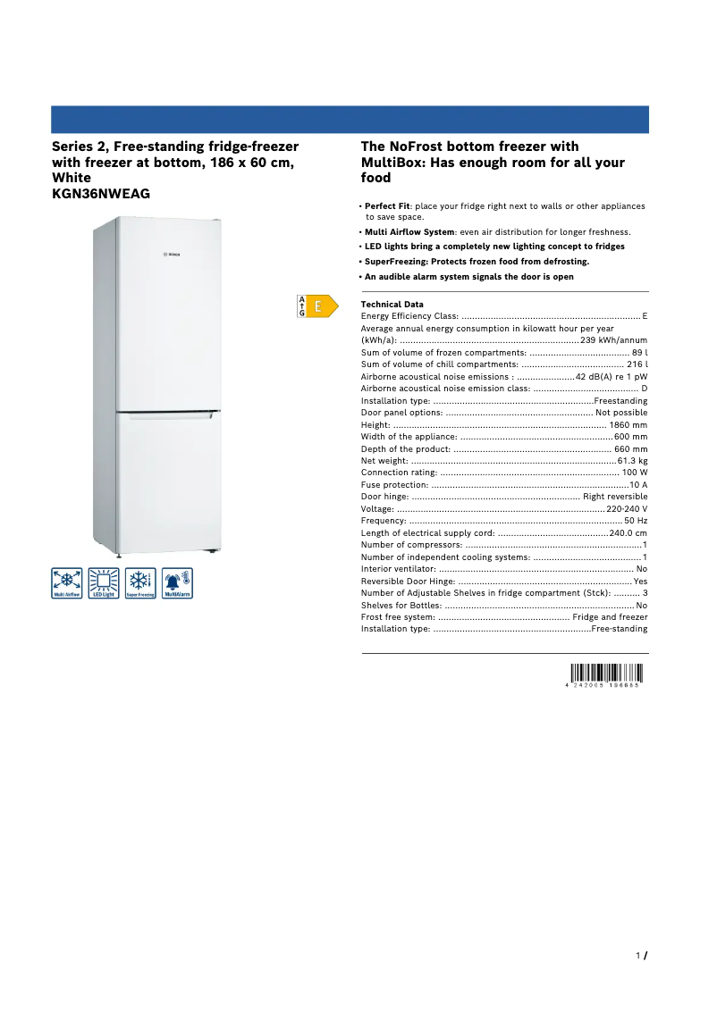 Page 1 de la notice Fiche technique Bosch KGN36NWEAG