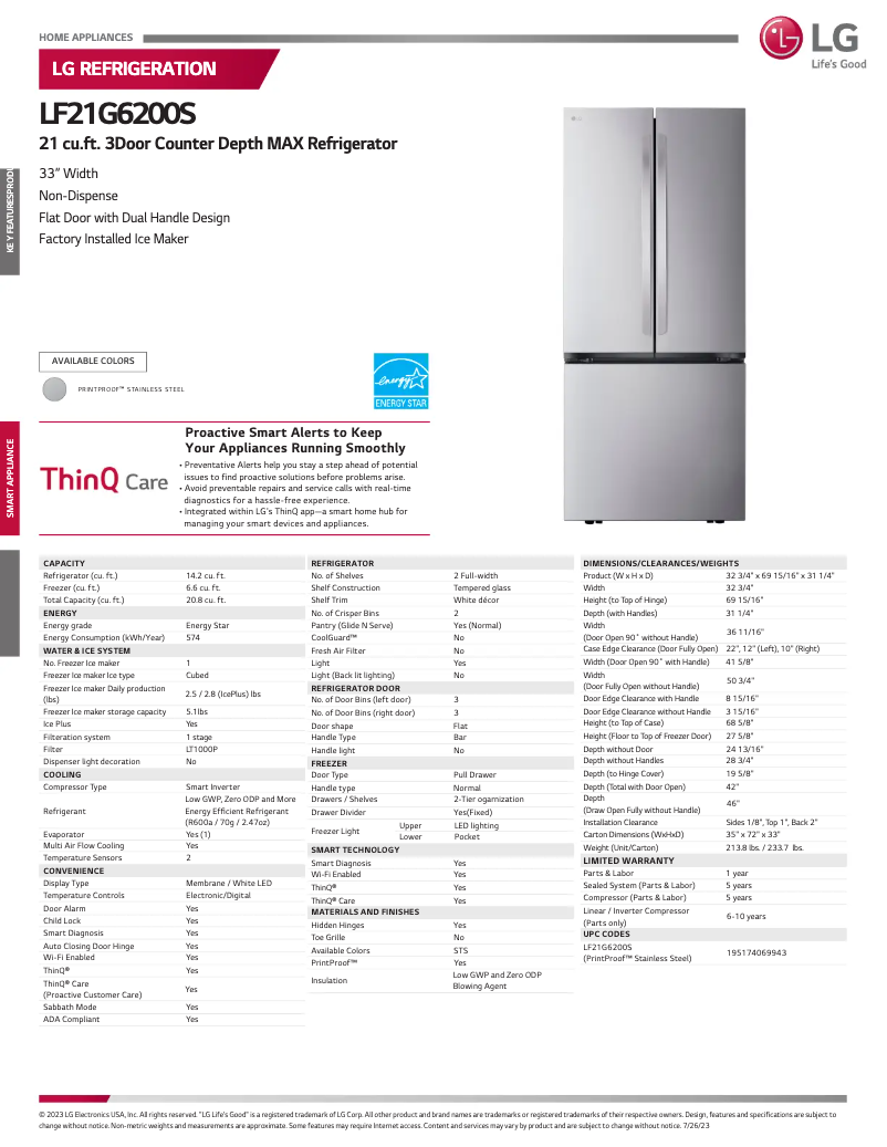 Page 1 de la notice Fiche technique LG LF21G6200S