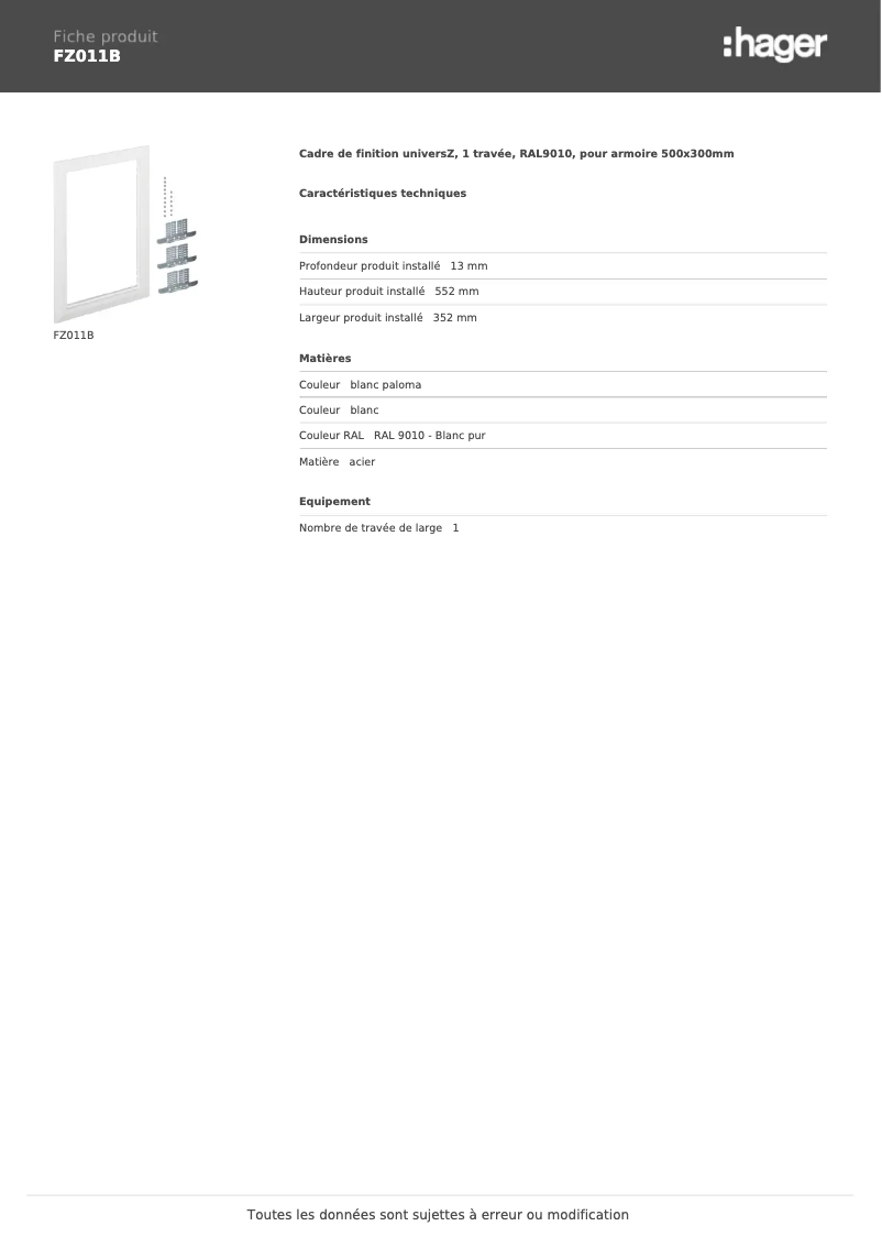 Page 1 de la notice Fiche technique Hager FZ011B