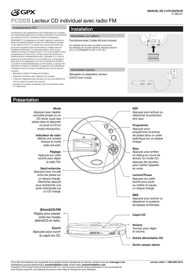 Page 1 de la notice Manuel utilisateur GPX PC332B
