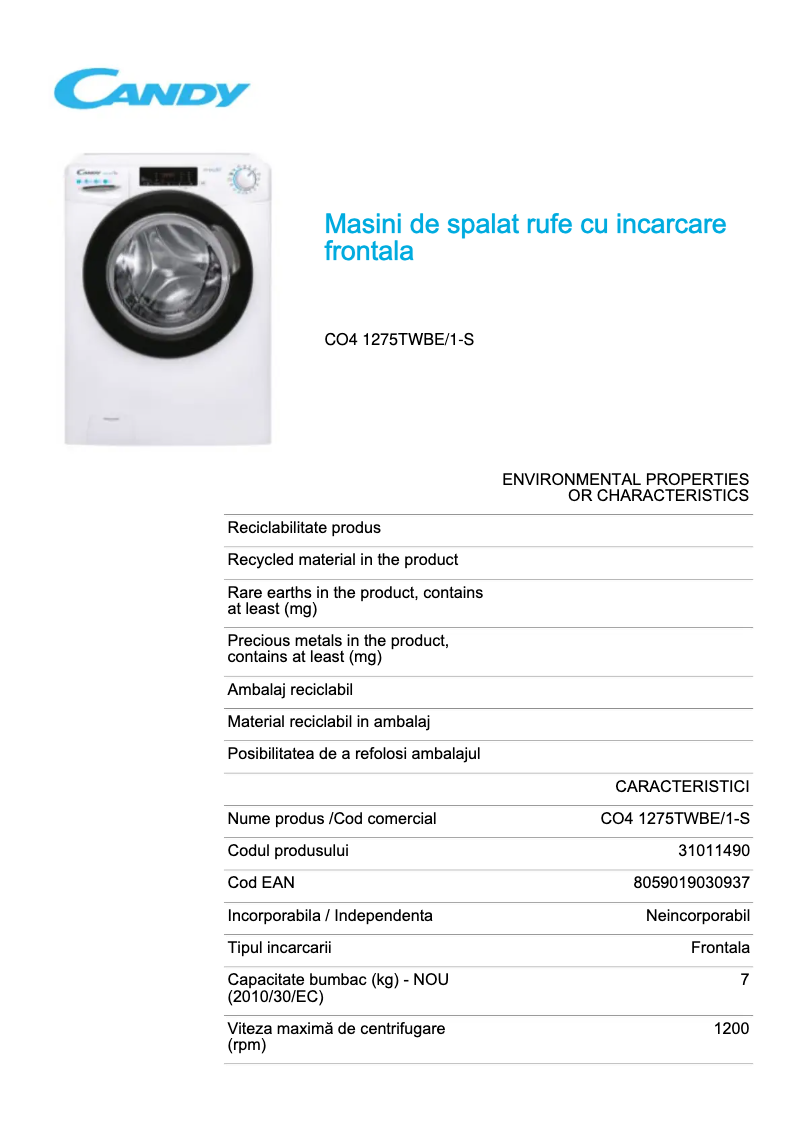 Page 1 de la notice Fiche technique Candy CO4 1275TWBE/1-S