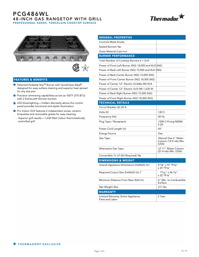 Page n°1 - Fiche technique Thermador PCG486WL