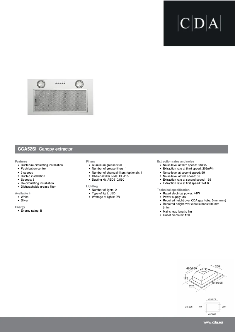 Page 1 of the manual Technical Sheet CDA CCA52SI