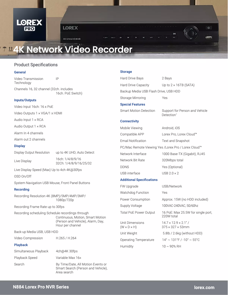 Page 1 de la notice Fiche technique Lorex N884A38B