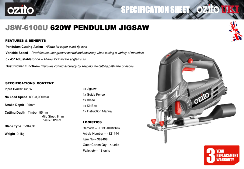 Page 1 de la notice Fiche technique Ozito JSW-6100U
