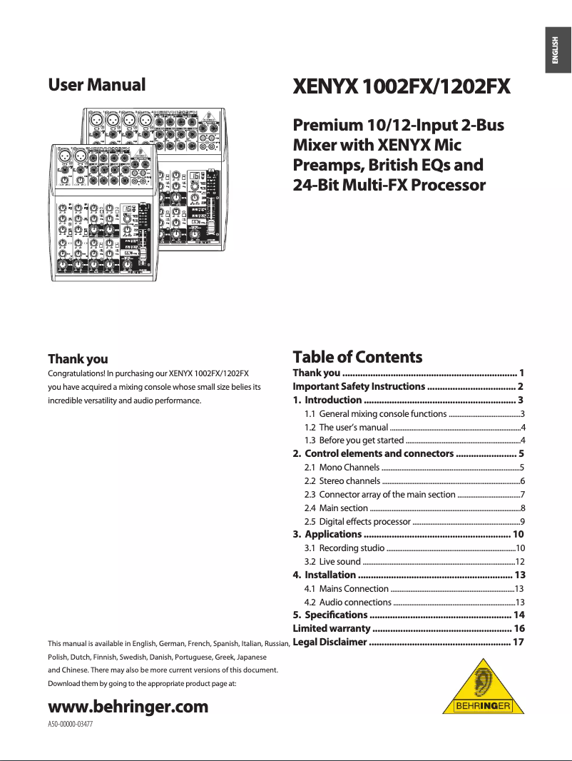 Page n°1 - Manuel utilisateur Behringer Xenyx 1832FX