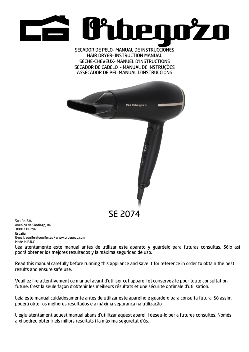 Page 1 de la notice Manuel utilisateur Orbegozo SE 2074