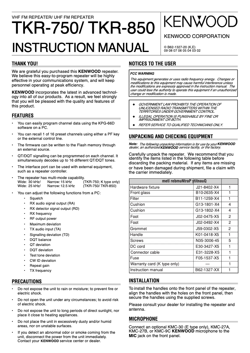 Page 1 de la notice Manuel utilisateur Kenwood TKR-850