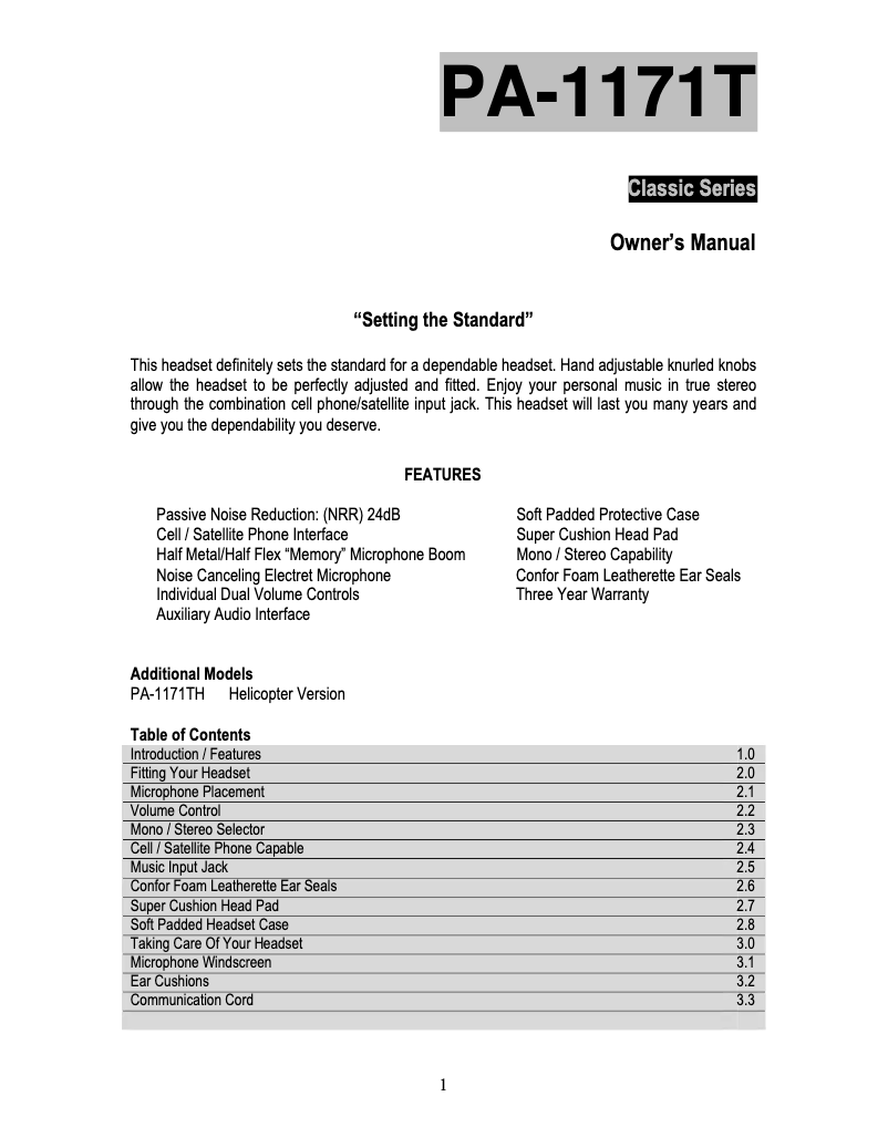 Page 1 de la notice Manuel utilisateur Pilot PA-1171TH