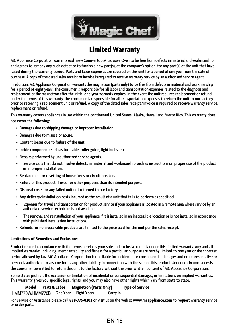 Page 1 de la notice Informations de garantie Magic Chef HMM770B