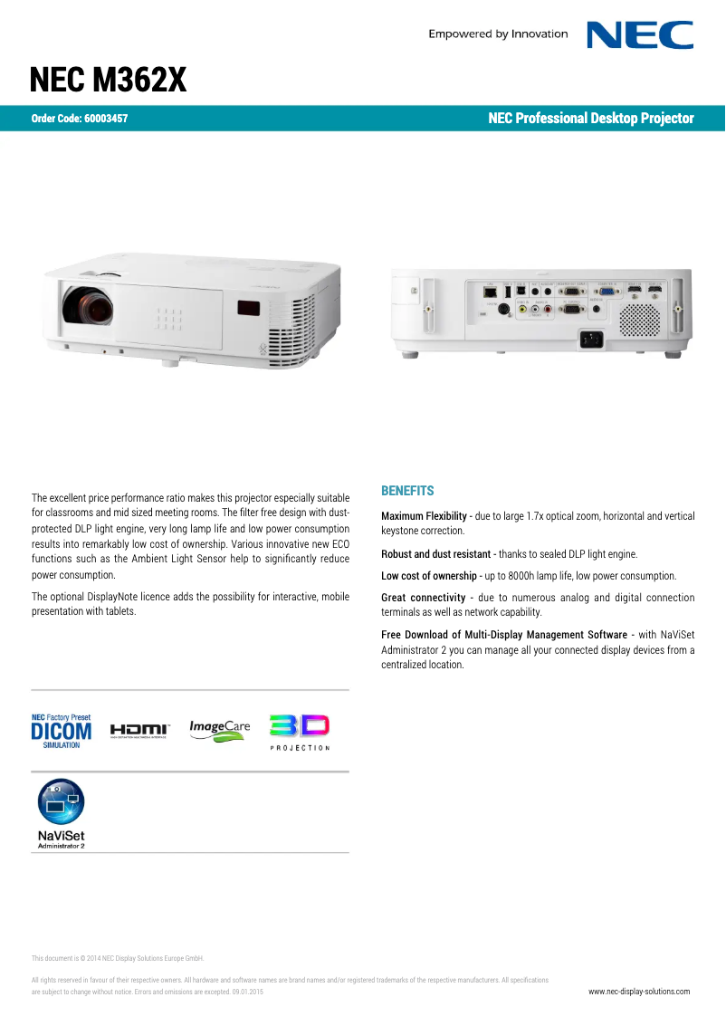 Page 1 de la notice Fiche technique NEC M362X