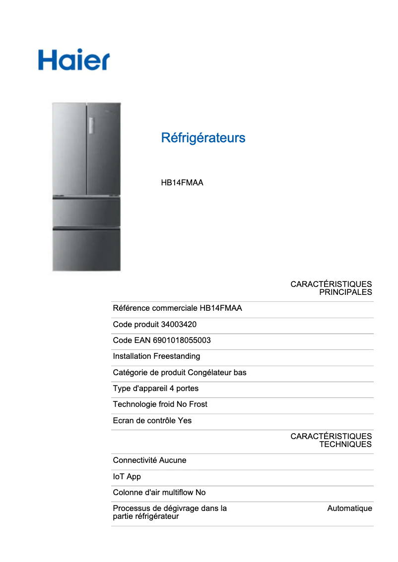 Page n°1 - Fiche technique Haier HB14FMAA