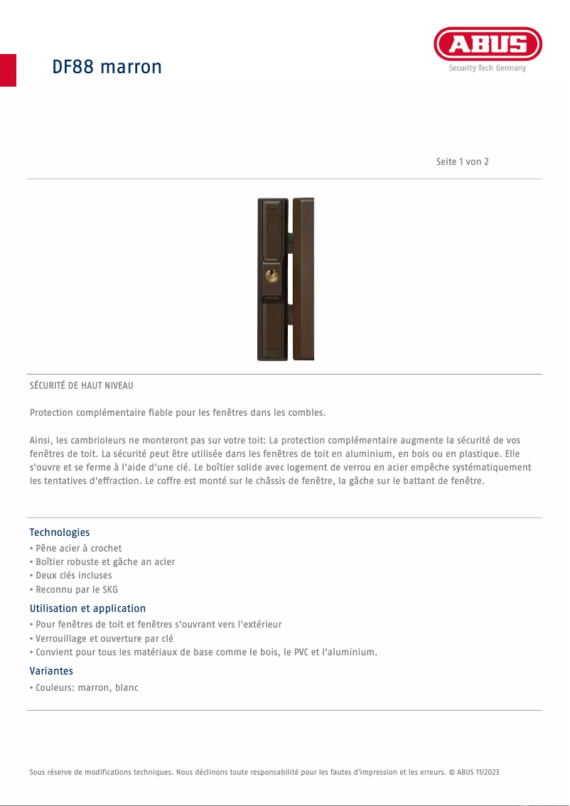 Page n°1 - Fiche technique Abus DF88