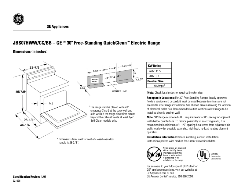 Page 1 of the manual Technical Sheet GE JBS07HBB