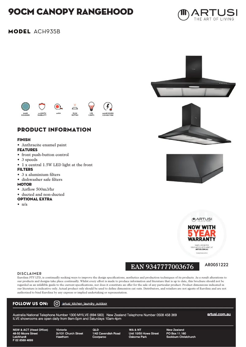 Page 1 of the manual Technical Sheet Artusi ACH935B
