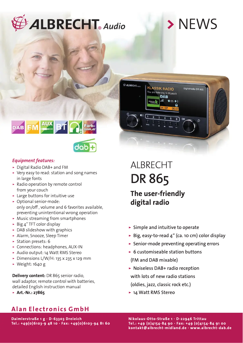 Página 1 del manual Ficha técnica Albrecht DR 865
