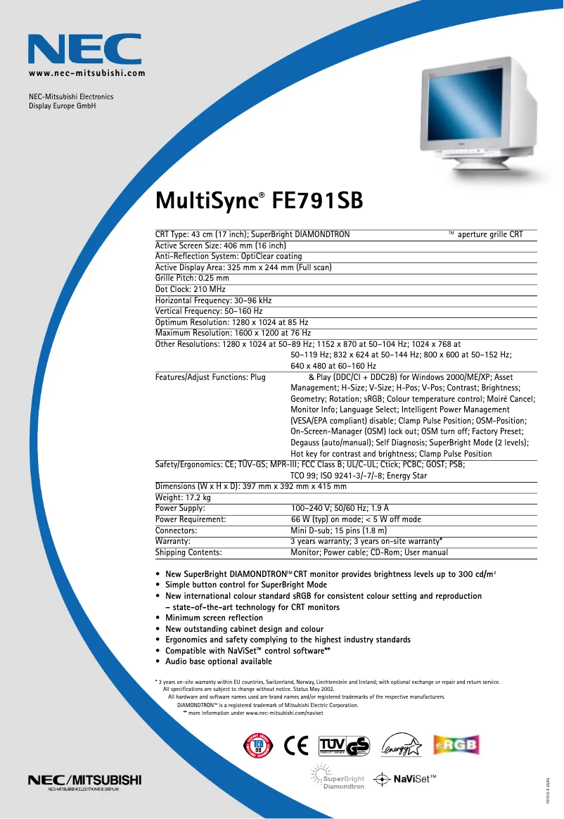 Página 1 del manual Ficha técnica NEC MultiSync FE791SB