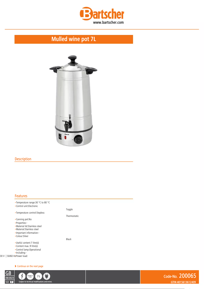 Page 1 de la notice Fiche technique Bartscher 200065