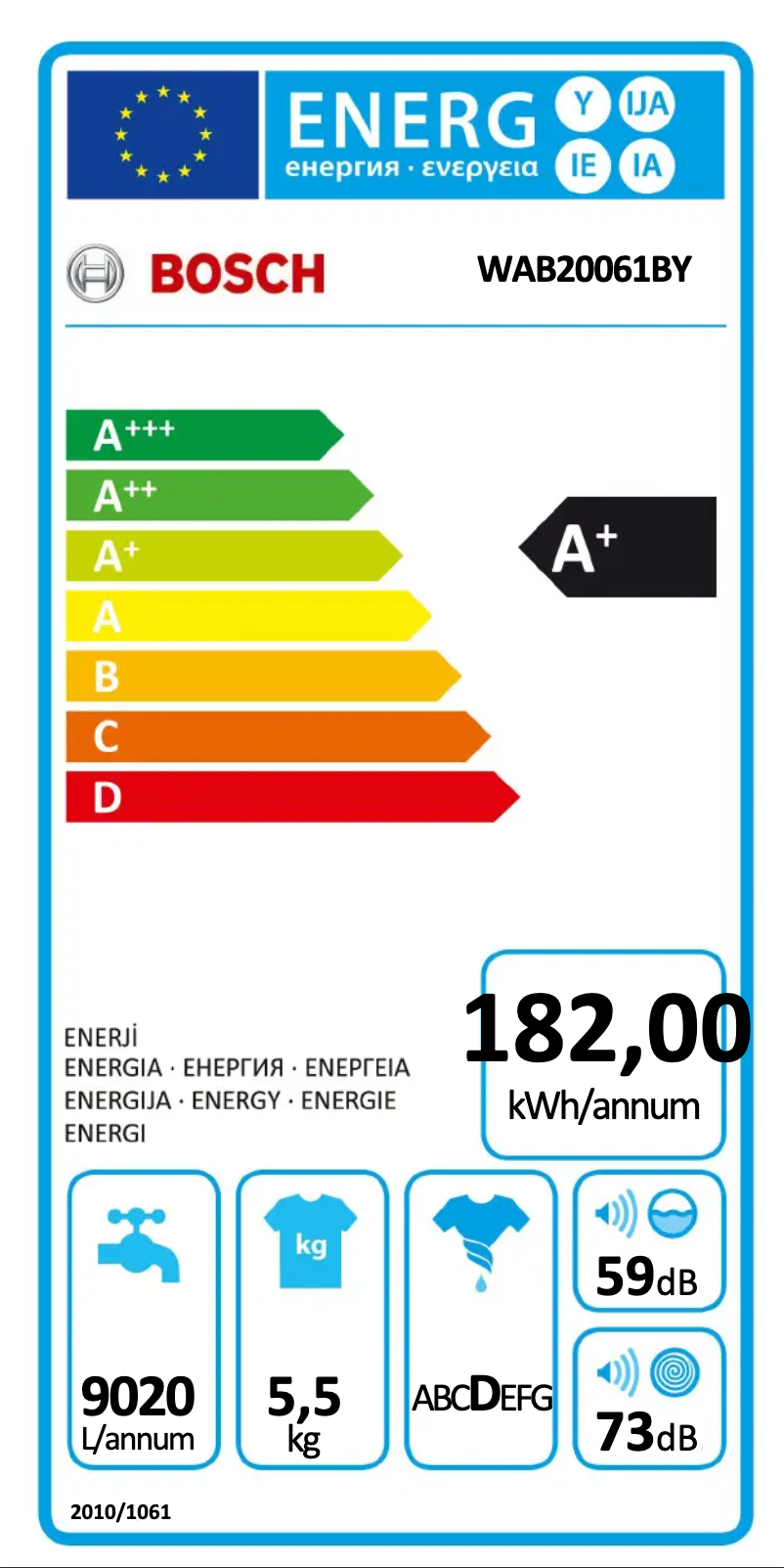 Page 1 de la notice Label énergétique Bosch WAB20061BY