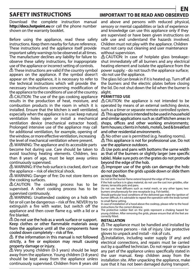 Page 1 of the manual Instructions / Assembly Hotpoint HGS 61S BK