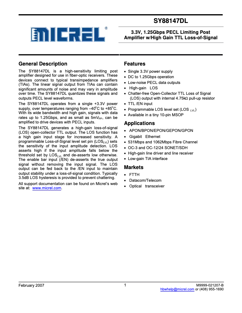 Image de la première page du manuel de l'appareil SY88147DL