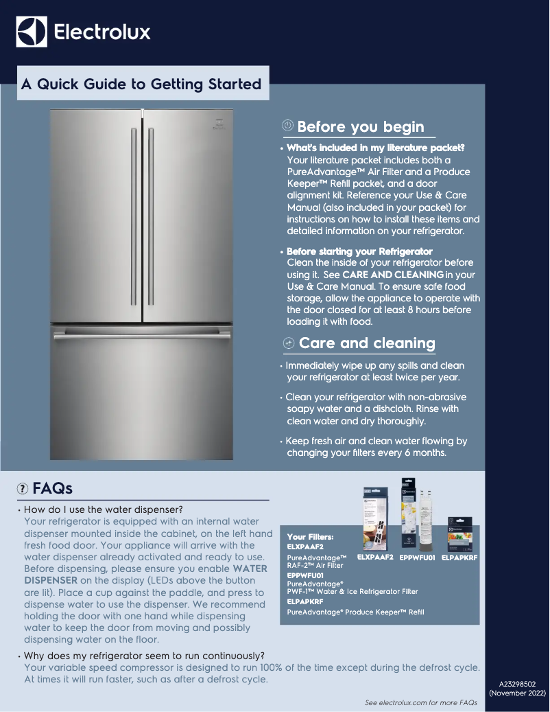 Page 1 de la notice Guide de démarrage rapide Electrolux ERFG2393AS