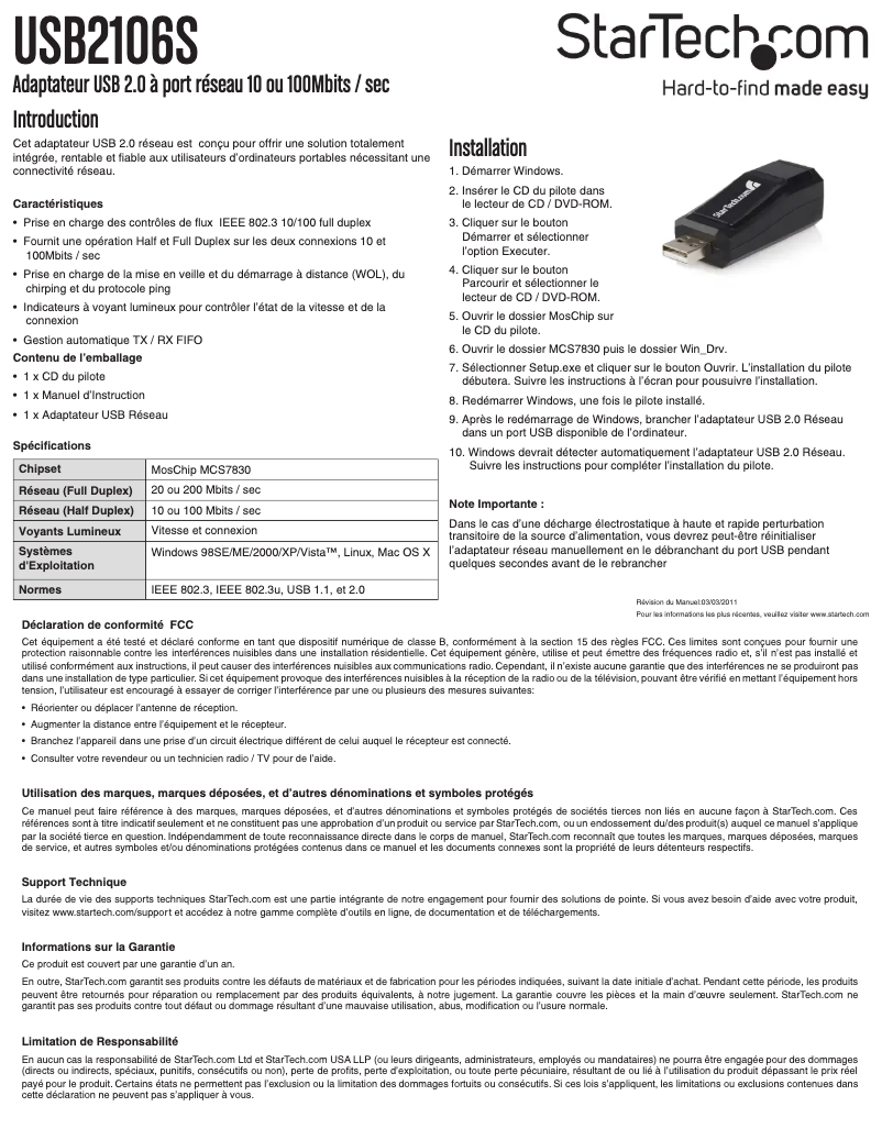 Page 1 de la notice Manuel utilisateur StarTech.com USB2106S