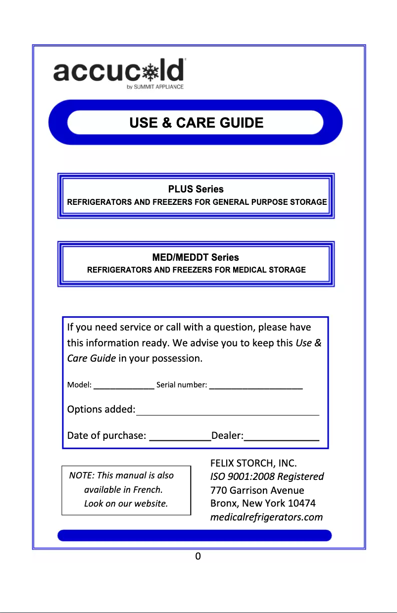 Page 1 de la notice Manuel d'utilisation et d'entretien Summit Accucold FF511LBIMED