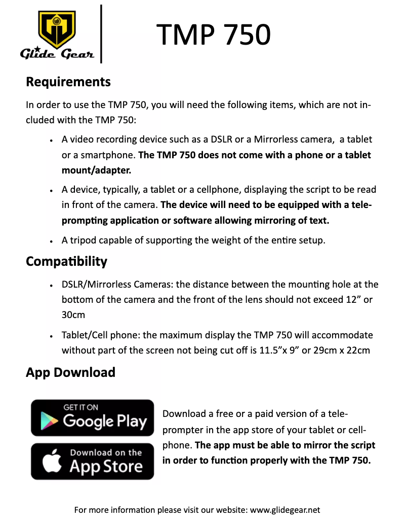 Page 1 de la notice Manuel utilisateur Glide Gear TMP 750