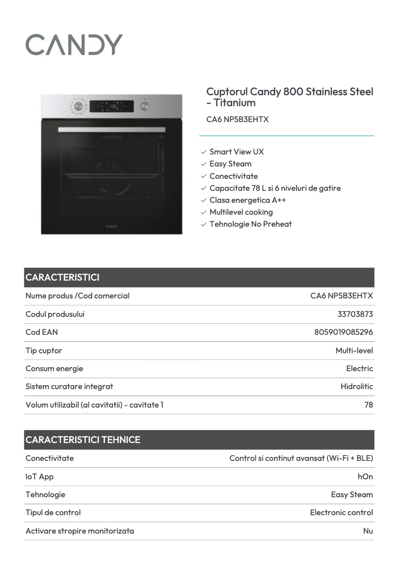 Page 1 de la notice Fiche technique Candy CA6 NP5B3EHTX