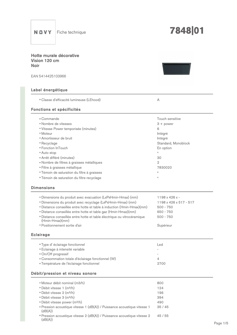 Page 1 de la notice Fiche technique Novy Vision 7848