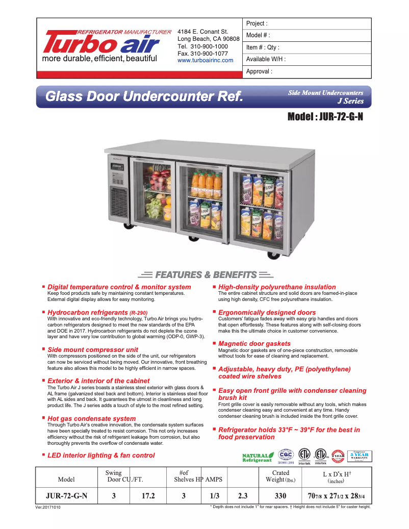 Página 1 del manual Ficha técnica Turbo air JUR-72-G