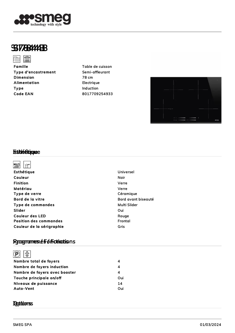Page n°1 - Fiche technique Smeg SI7844B
