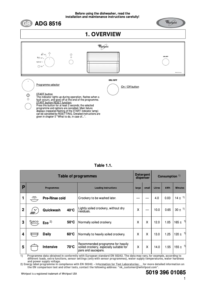 Page 1 de la notice Manuel utilisateur Whirlpool ADG 8516/1 IX