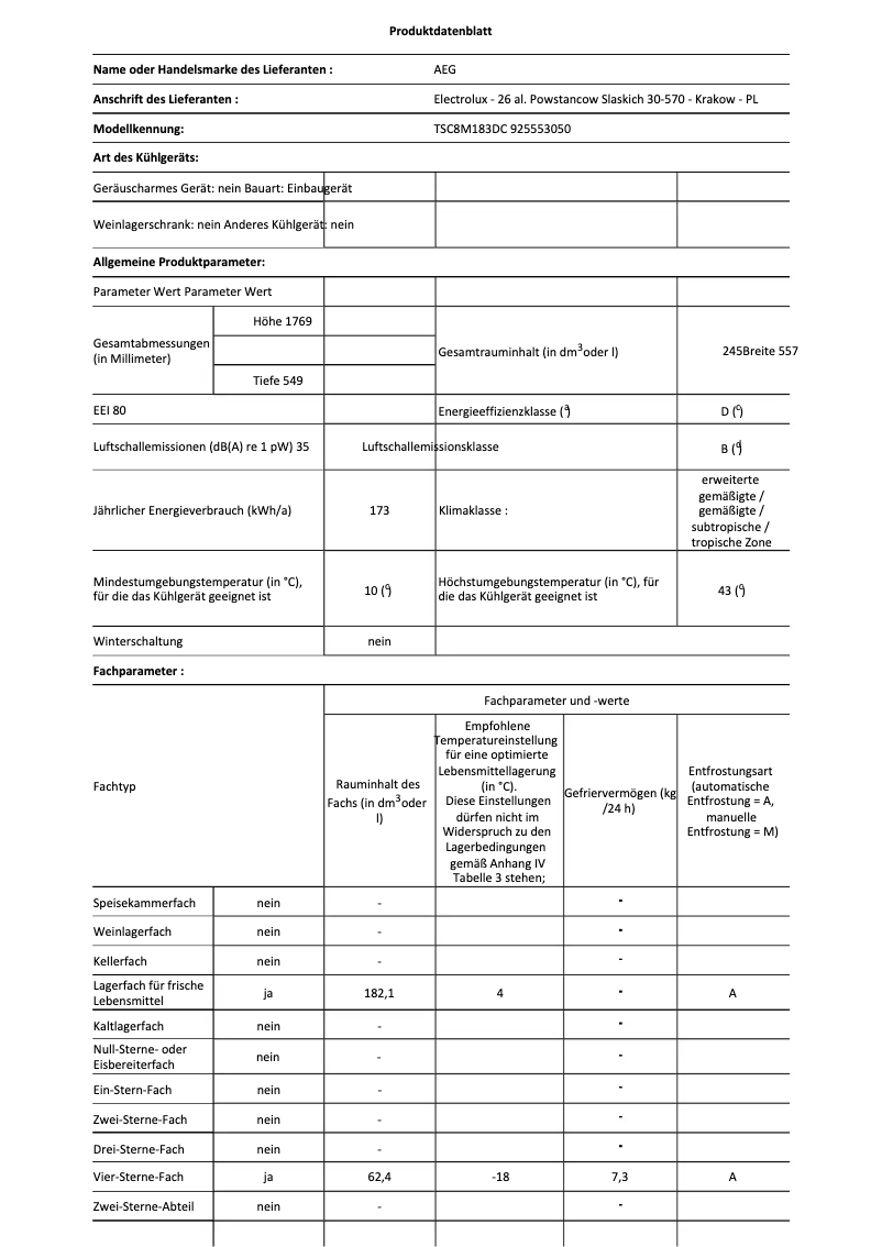 Page 1 de la notice Fiche technique AEG TSC8M183DC