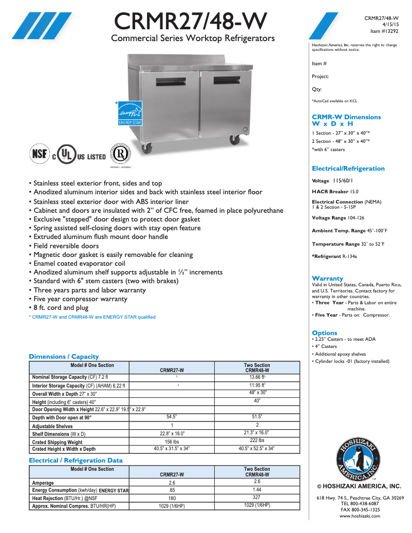 Page n°1 - Fiche technique Hoshizaki CRMR48-W
