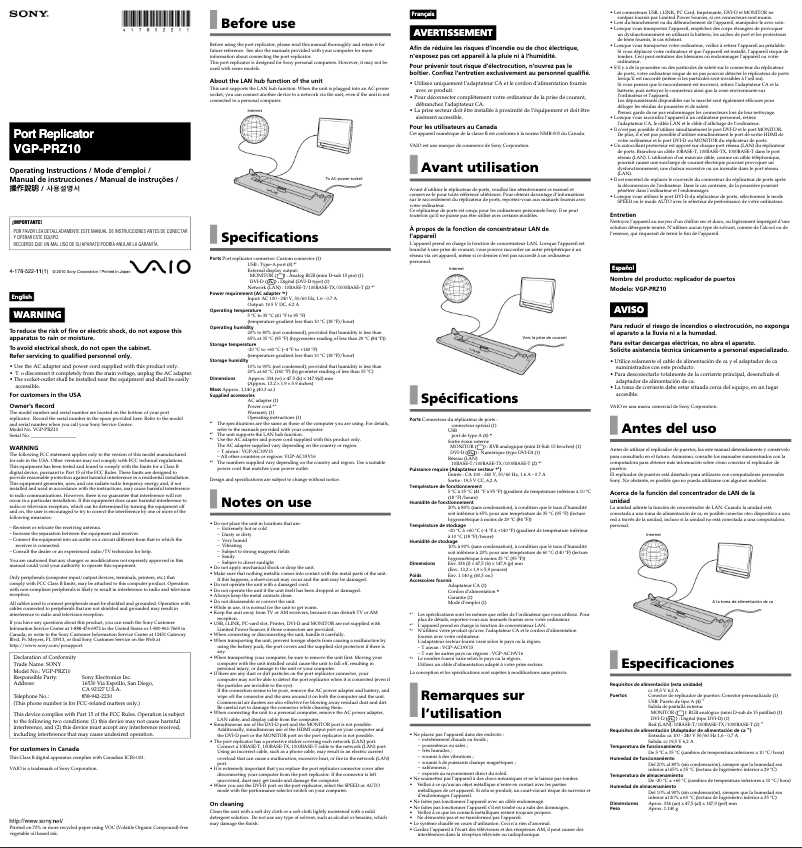 Page n°1 - Manuel utilisateur Sony VGP-PRZ10
